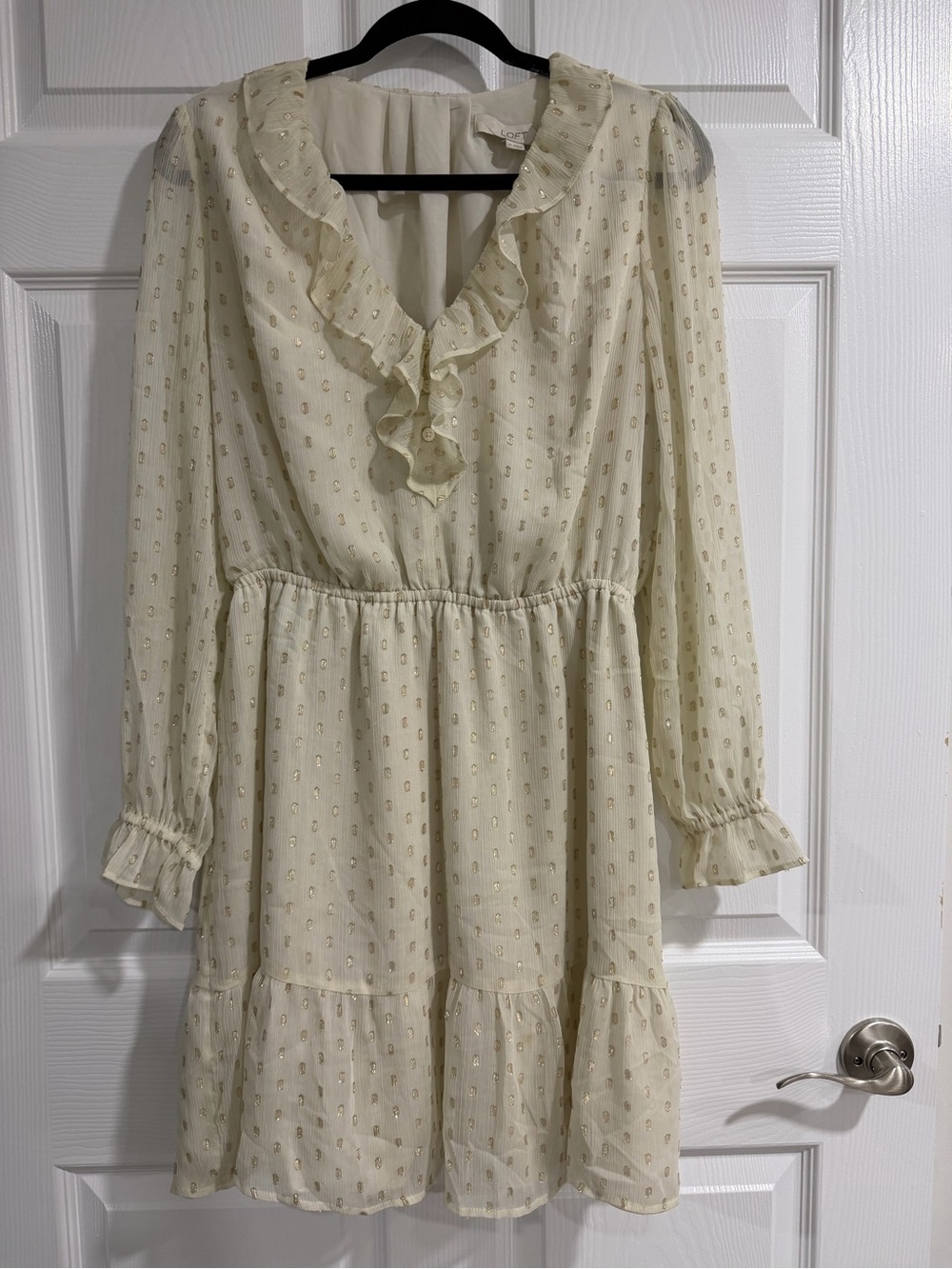 LOFT Ruffled V-Neck Long Sleeve Cream Dress